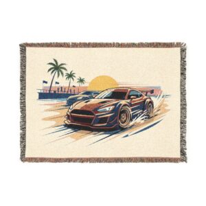 Sports Car Woven Blanket — Retro Sunset Beach Racing Throw